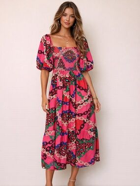 Smocked Square-Neck Pink Chain-Print Midi Dress